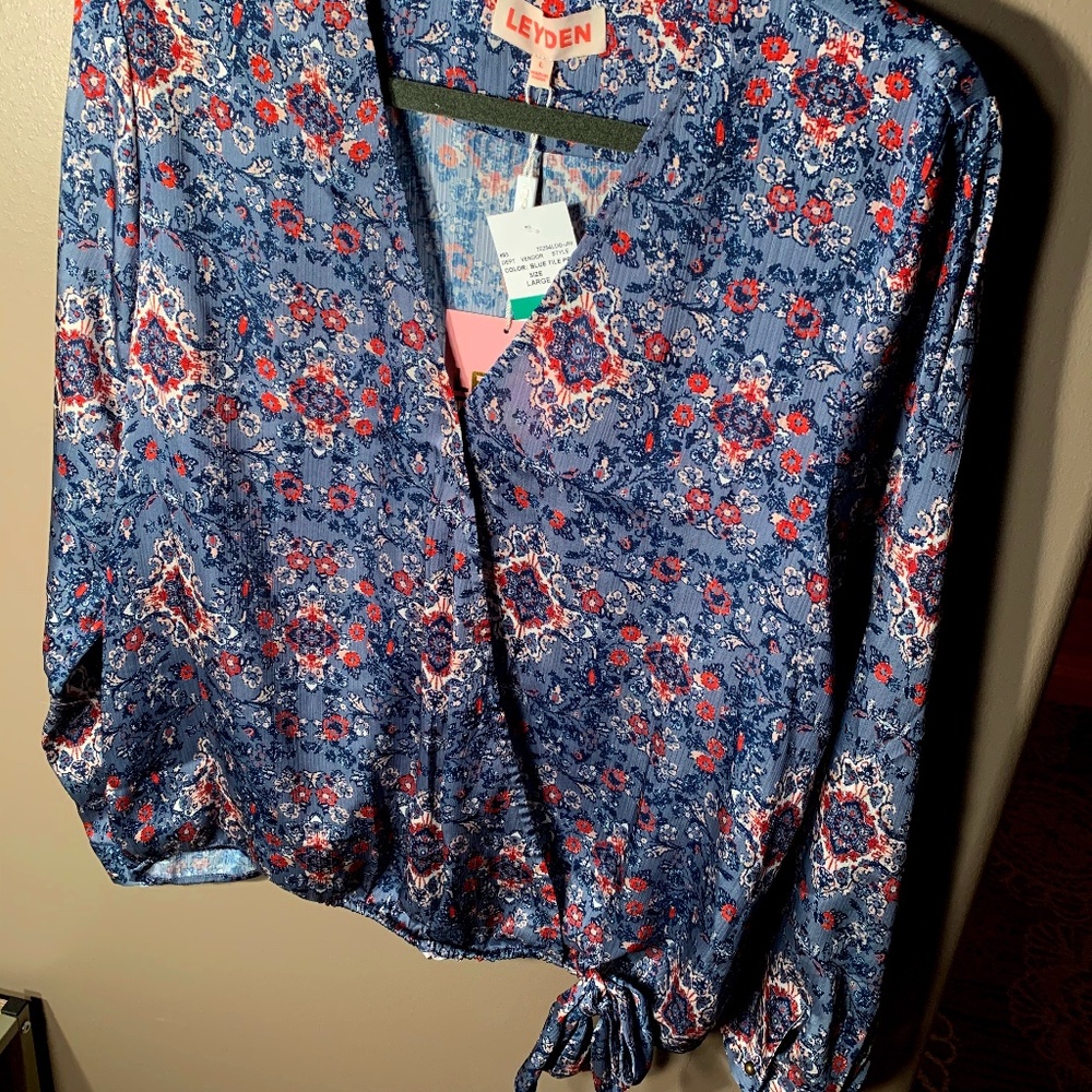 Silky blue floral blouse with tie waist